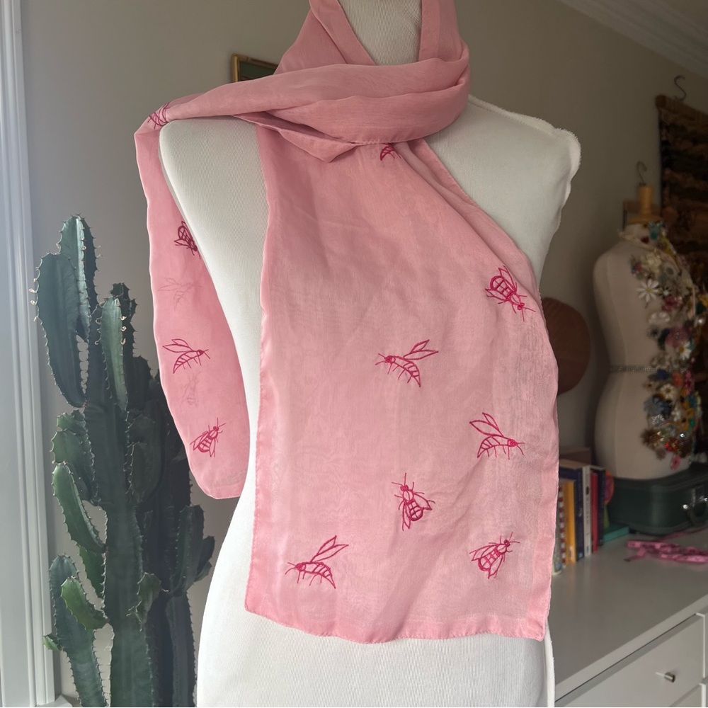 Pink Silk Chiffon Scarf With Embroidered Bees